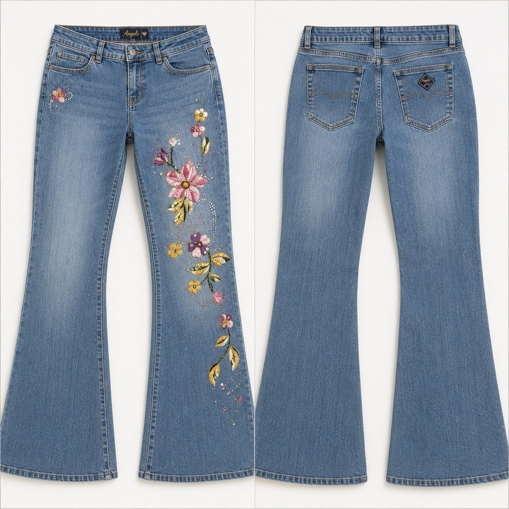 Vintage Y2K Angels Flare Jeans Floral Embroidered Sequins Size 13 Denim Bootcut